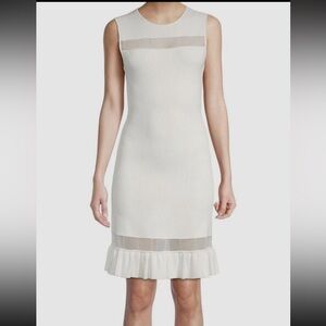 Milly White Mesh Trim Bodycon Dress Medium | Ruffle Hem Sleek Ribbed Knit